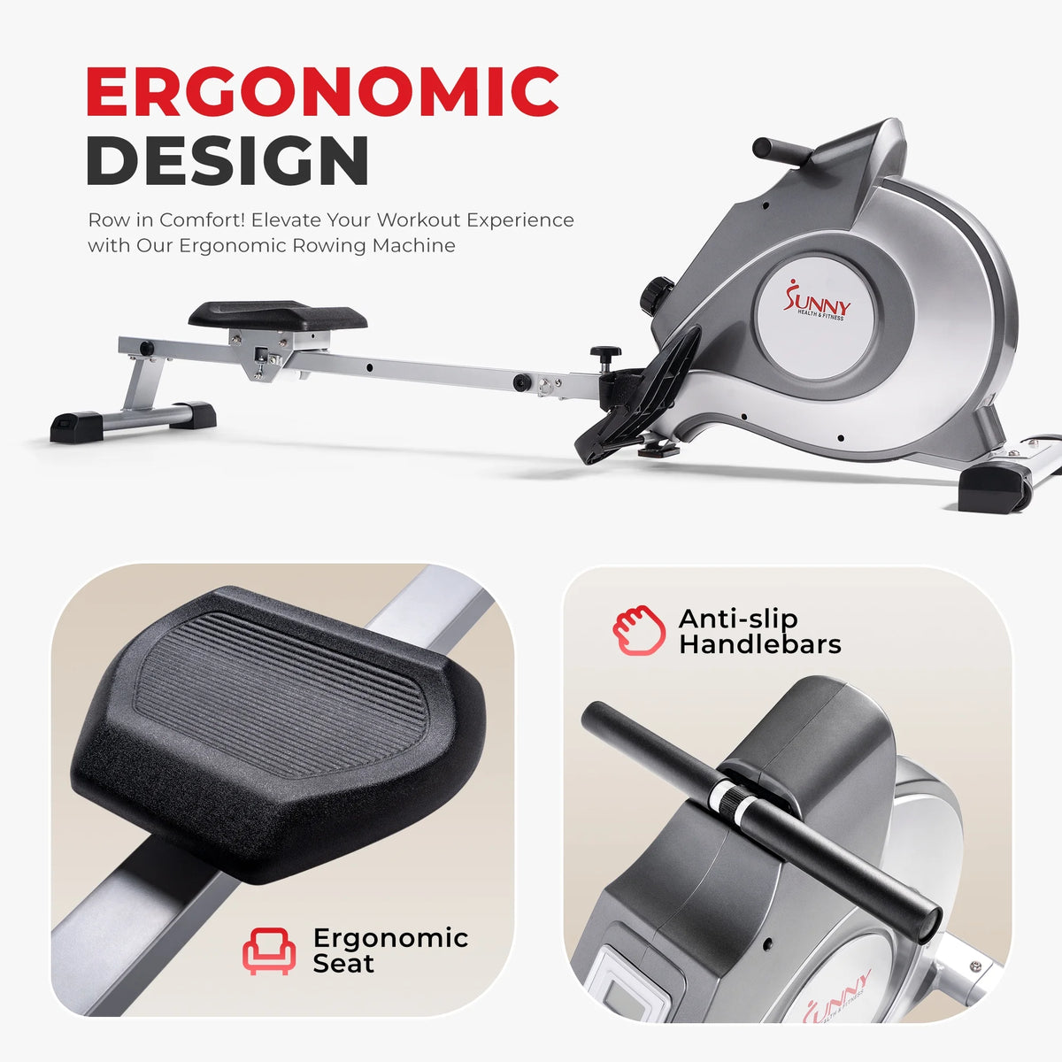 Sunny Health & Fitness 53.4" Extended Slide Rail Magnetic Rowing Machine Rower with Free SunnyFit App Membership - SF-RW5515