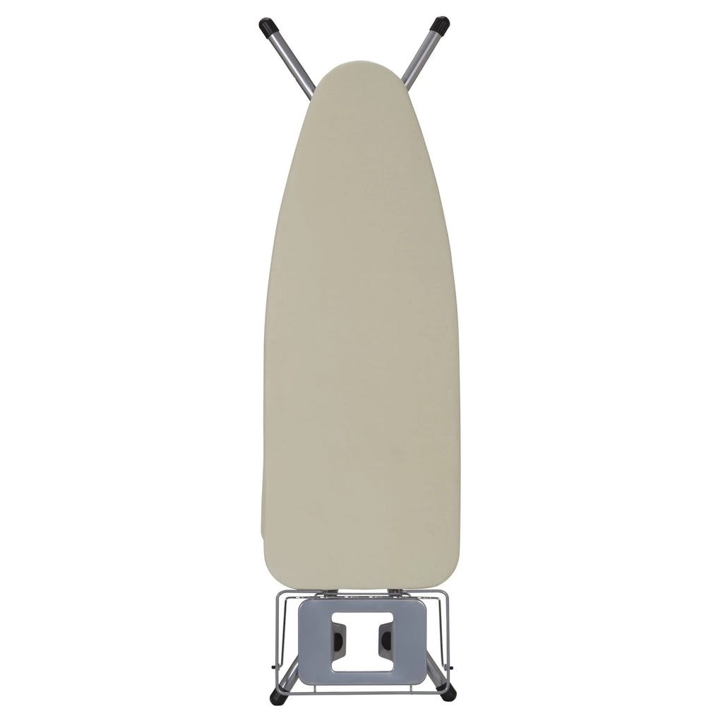 Household Essentials Wide Mega Ironing Board 4-Leg, Steel Top Pressing Station, Heat-Resistant Fiber Pad and Cotton Cover, Includes Sleeve Board and Iron Rest with Hanger Bar, Silver Frame