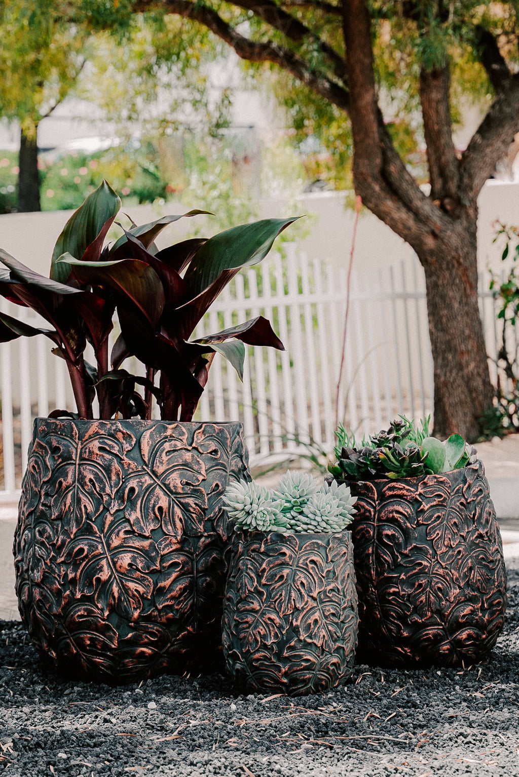XBrand 19.3", 15.4" and 12.2"H Tall Beige and Golden Fiberstone/Cement Indoor Outdoor Planters (Set of 3), Modern Decorative Plant Pots with Drain Hole for All House Plants, Succulents & Flowers