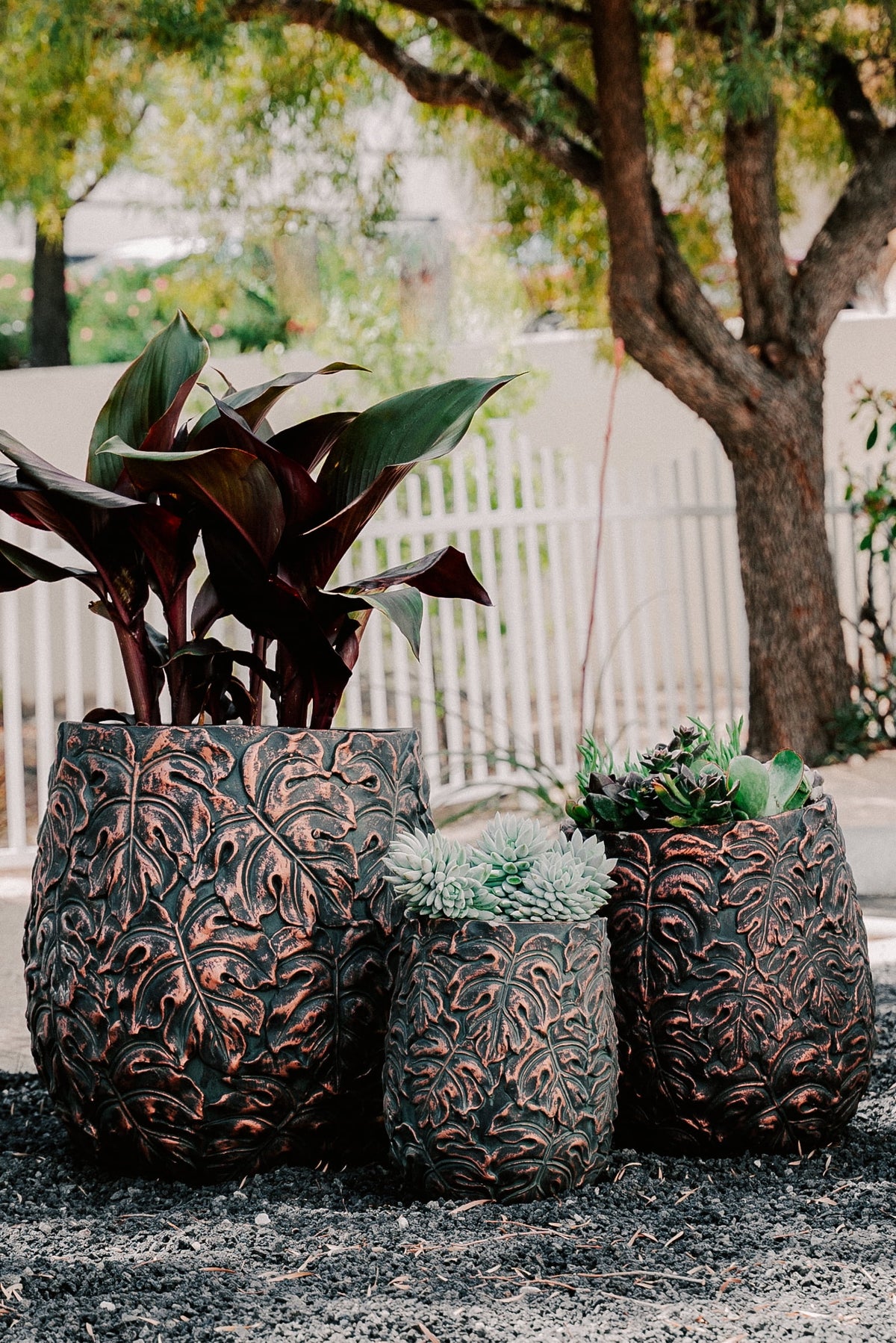 XBrand 19.3", 15.4" and 12.2"H Tall Beige and Golden Fiberstone/Cement Indoor Outdoor Planters (Set of 3), Modern Decorative Plant Pots with Drain Hole for All House Plants, Succulents & Flowers
