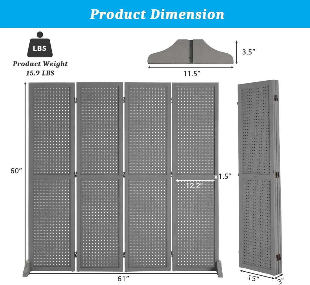 Bonnlo 4 Panel Pegboard Freestanding, 5 FT Portable Display for Craft Show Jewelry, Wooden Folding Room Divider