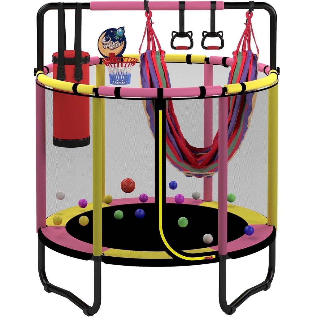 Mini Round Trampoline for Kids with Basketball Hoop, SEGMART 55'' Indoor Outdoor Toddler Trampoline with Enclosure Net, Swing, Sandbag, Ring, Ocean Balls, Small Trampoline Gift for Boys Girls, Blue