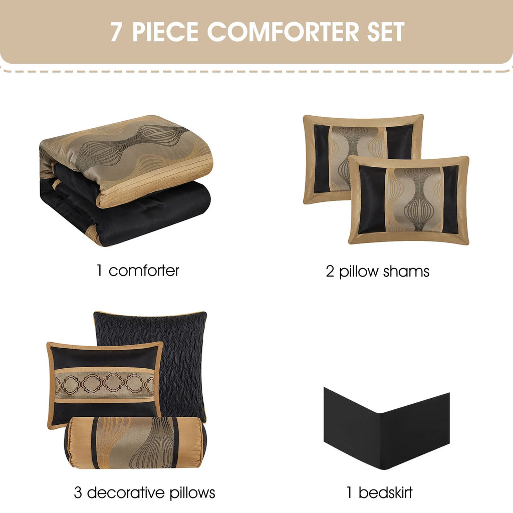 Lanco Black Silver Comforter Set , California King Size , 7 Pieces Fashion Jacquard Bedding Set