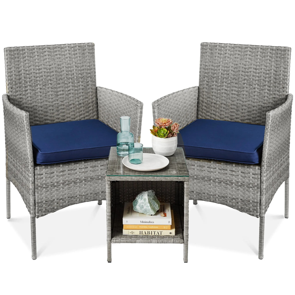 Best Choice Products 3-Piece Outdoor Wicker Conversation Patio Bistro Set, w/ 2 Chairs, Table - Gray/Navy