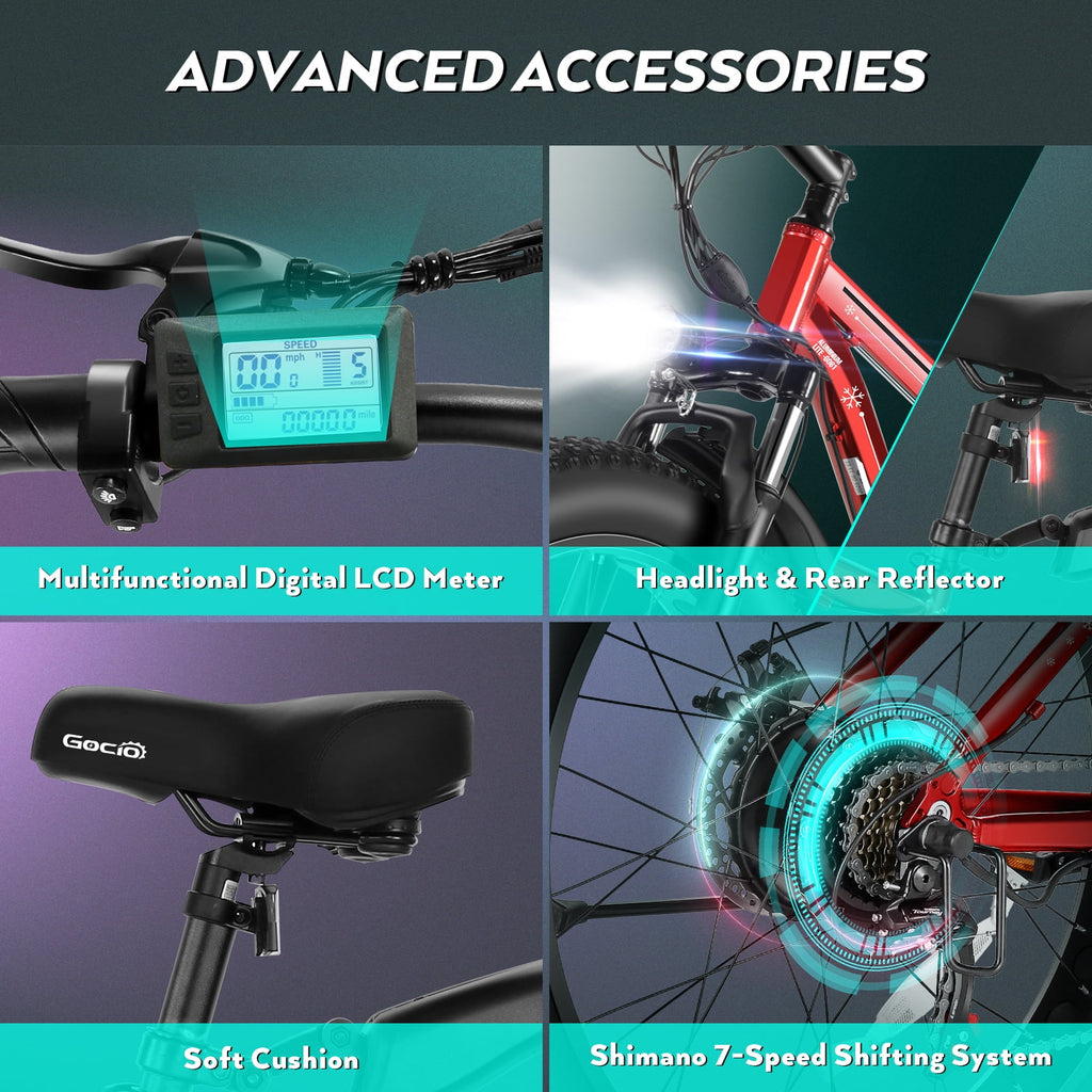 Gocio 26" 4.0 Fat Tire Electric Bike for Adults, 500W Motor, 48V 13Ah Battery, Lightweight Aluminum Alloy Frame, Max 22Mph Electric Mountain Bike Beach Snow Ebike for Men, Professional 7-Speed UL2849