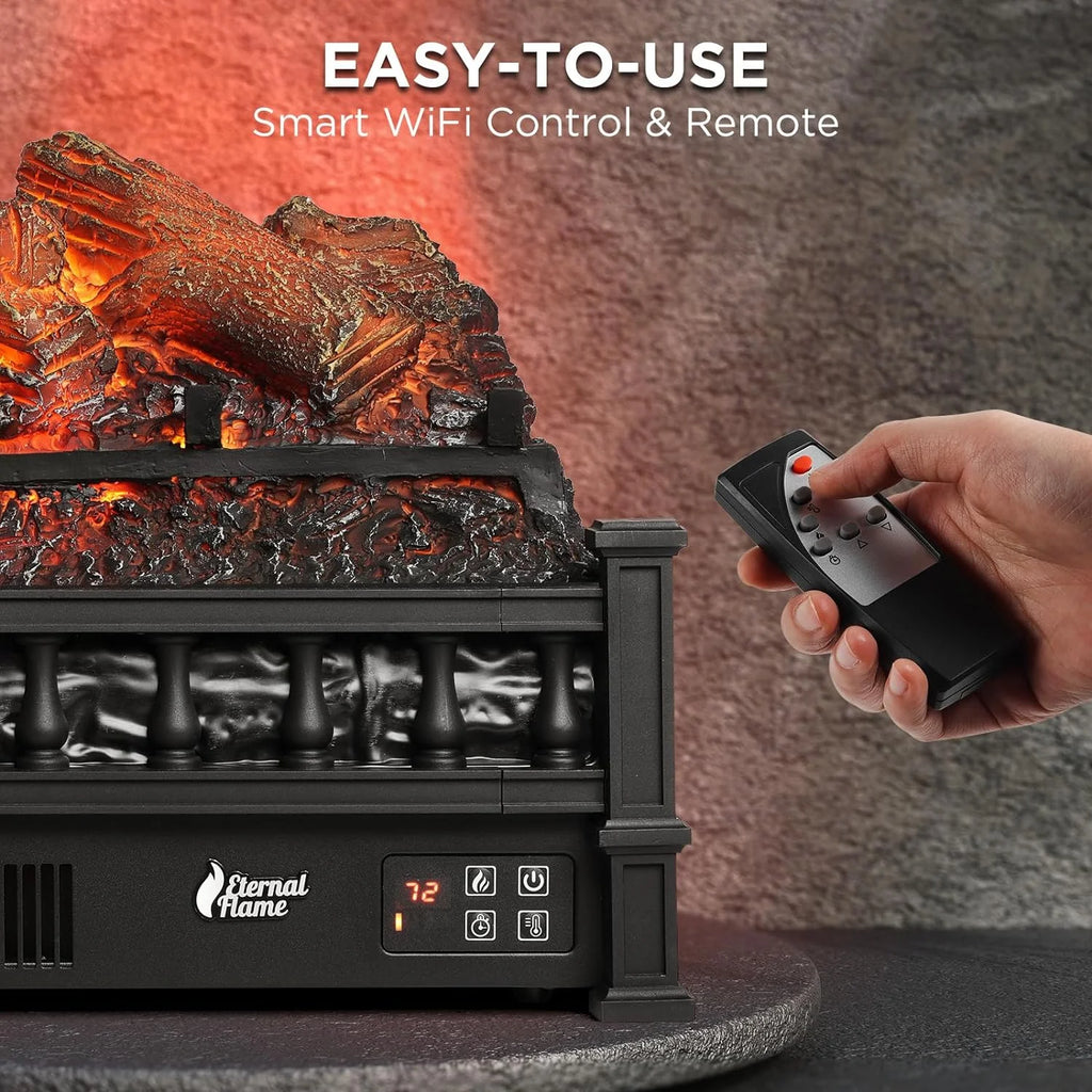 TURBRO Eternal Flame Infrared Electric Fireplace Logs, 23" Remote Control Fireplace Insert Log Heater, Realistic Lemonwood Ember Bed, Thermostat, Timer, 1500W Black