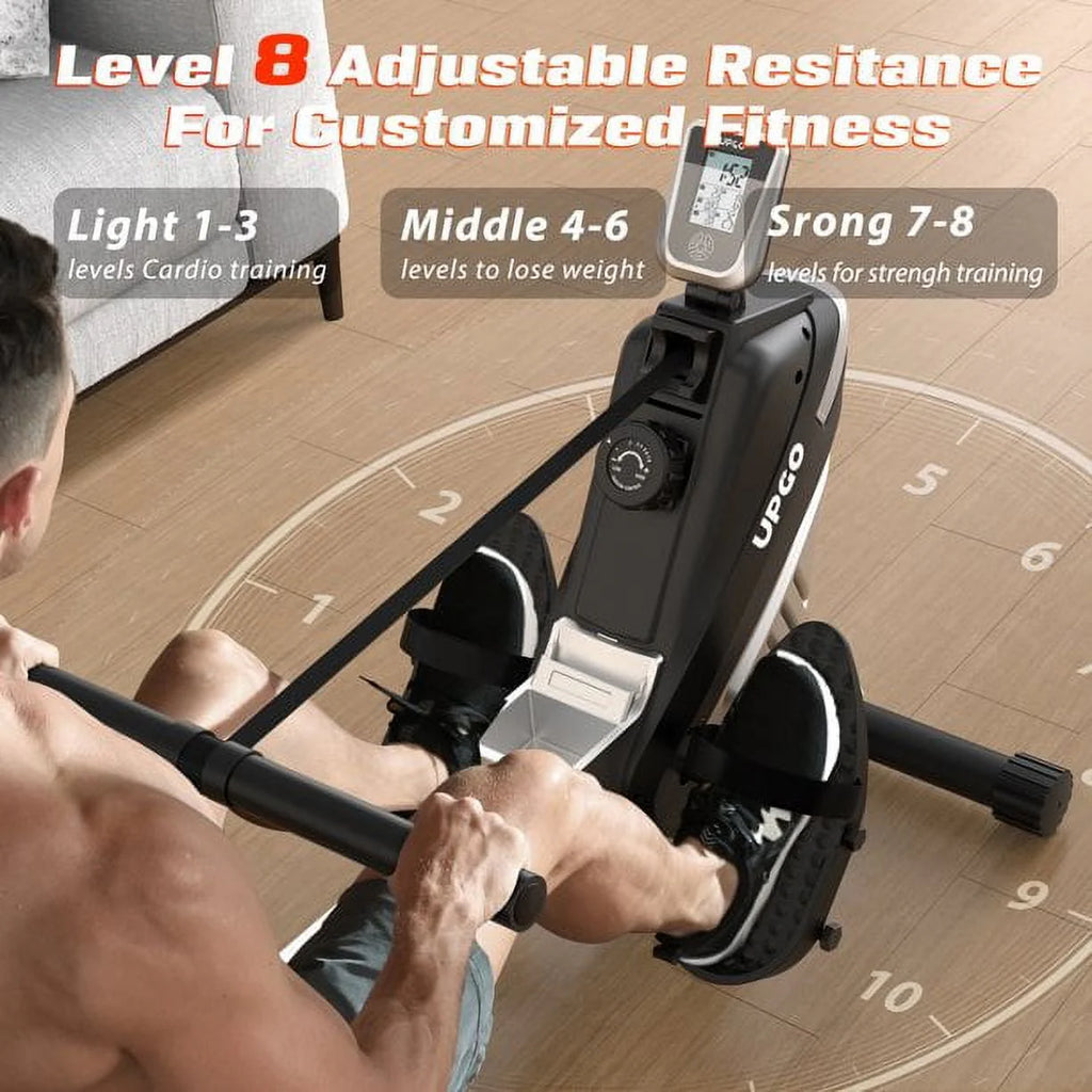 Upgo Rower Magnetic Rowing Machine Indoor Foldable Rower with 8 Level Adjustable Quiet Magnetic Resistance, Ergonomic Seat & LCD Monitor Cardio Exercise Training Max Weight 300 lbs