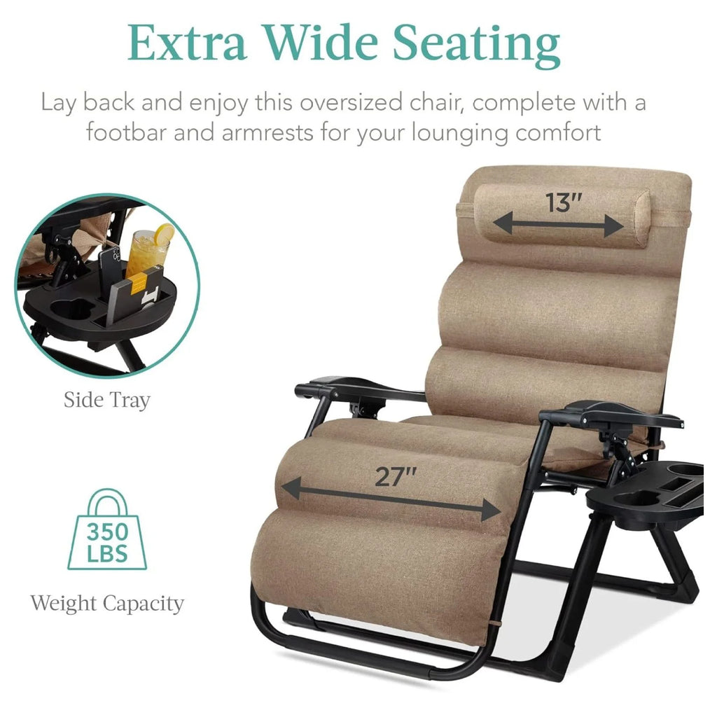 Oversized Chair, Folding Outdoor Patio Recliner, XL Anti Gravity Lounger w/Removable Cushion, Cup Holder, Side Tray, 350lb Capacity - Taupe