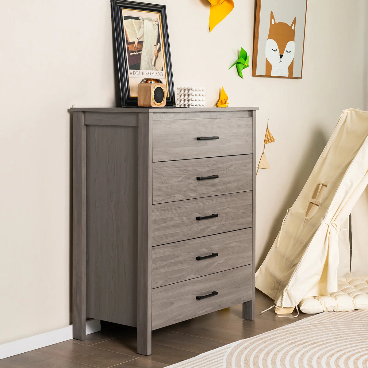 Costway Modern 5 Drawer Chest Storage Dresser Cabinet with Metal Handles Gray Oak