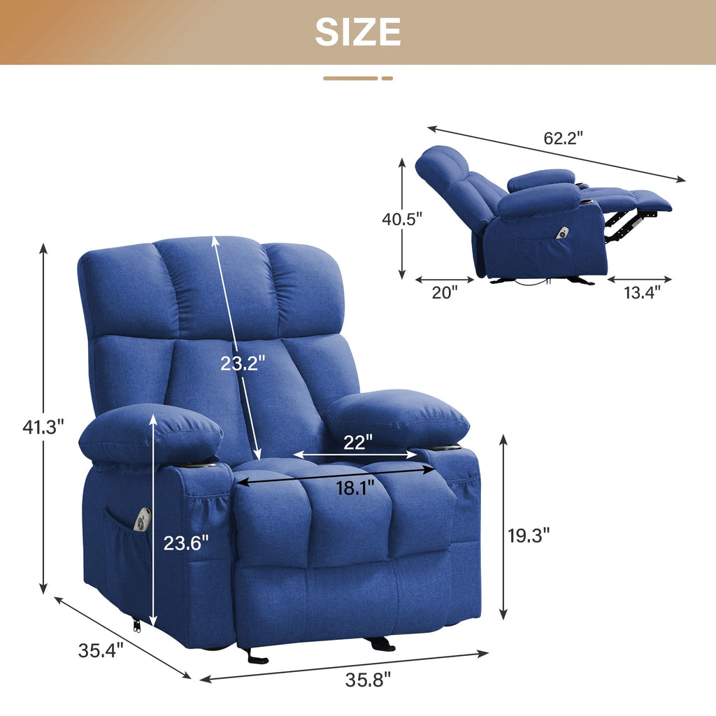 JONPONY Manual Recliner Chair with Heat Therapy and Massage Function, Heavy Duty Reclining Mechanism Massage Chair, Elderly Single Rocker Sofa with Cup Holders for Bedroom Home Theater,Grey