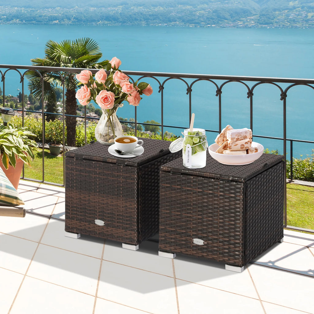 Costway 2PC Patio Rattan Ottoman Seat Side Table Storage Box Footrest Off White