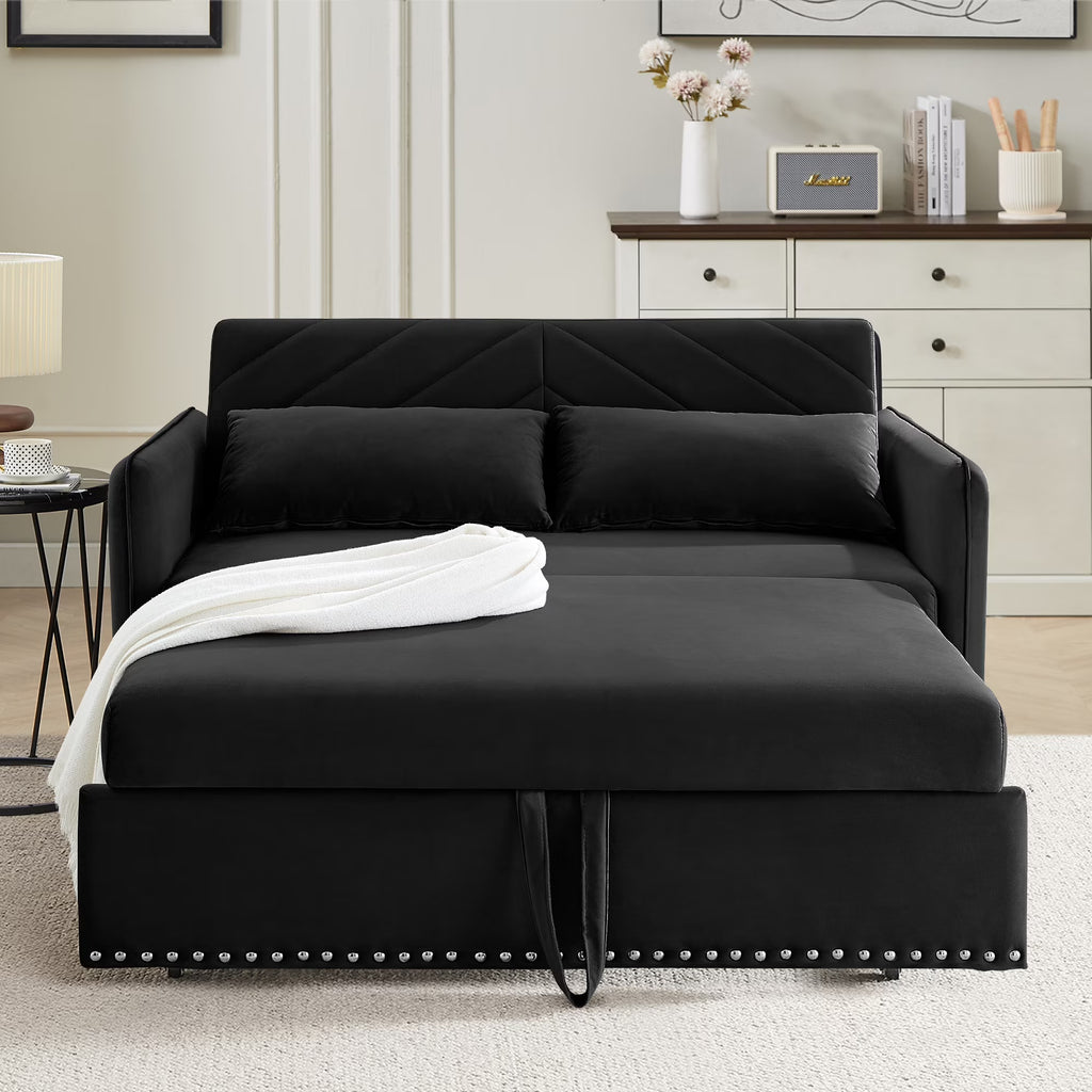55" Convertible Sleeper Sofa Bed,3 in 1 Convertible Sleeper Loveseat with USB Ports,Modern Velvet Pull Out Sofa Bed with 2 Pillows and Rivet Design for Living Room Furniture,Gray