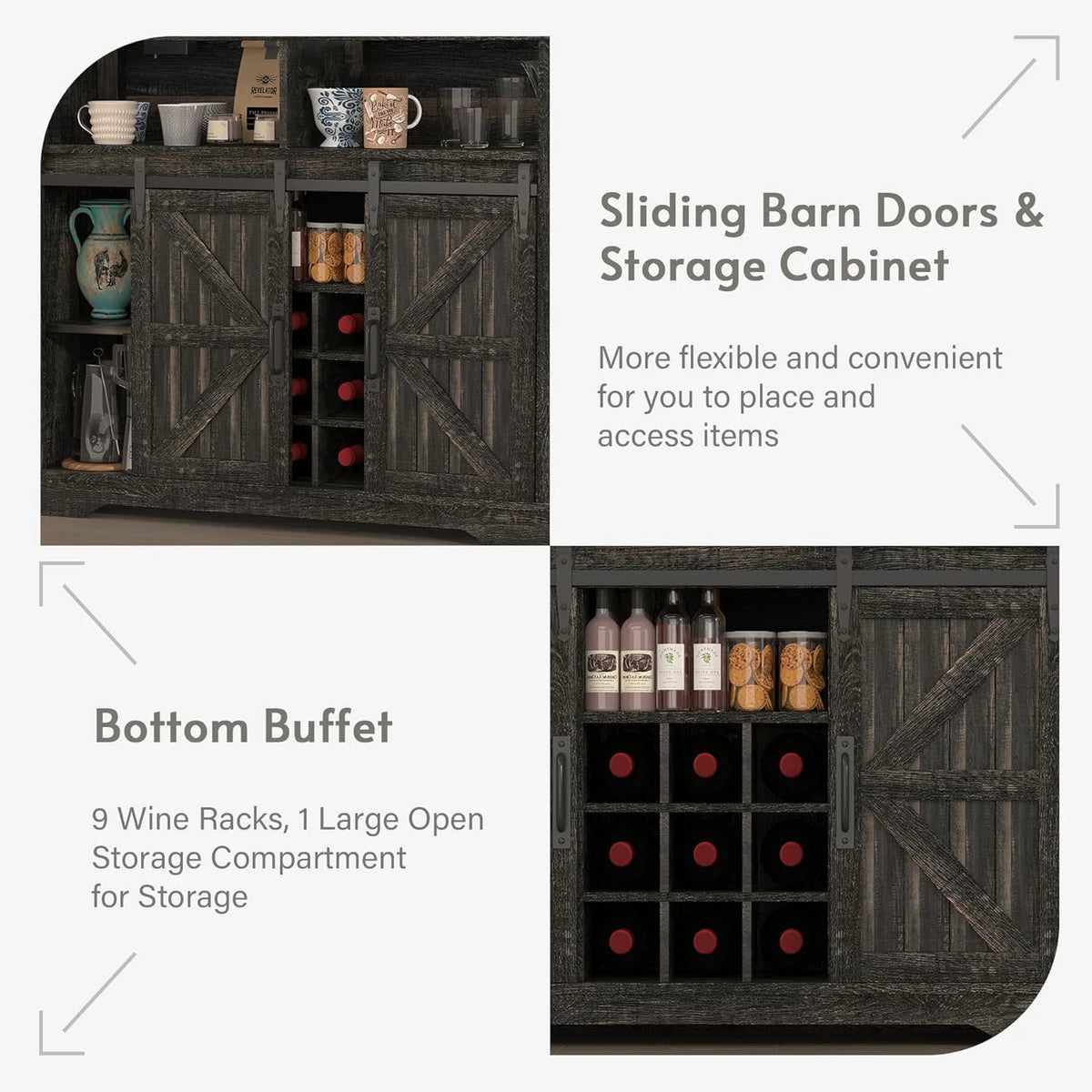 72" Farmhosue Coffee Bar Cabinet with Storage, Tall Kitchen Buffet with Hutch & Wine & Glasses Rack, Sliding Barn Door, Charging Station, RGB Lighting, 12 Storage Shelves, Sideboard Table