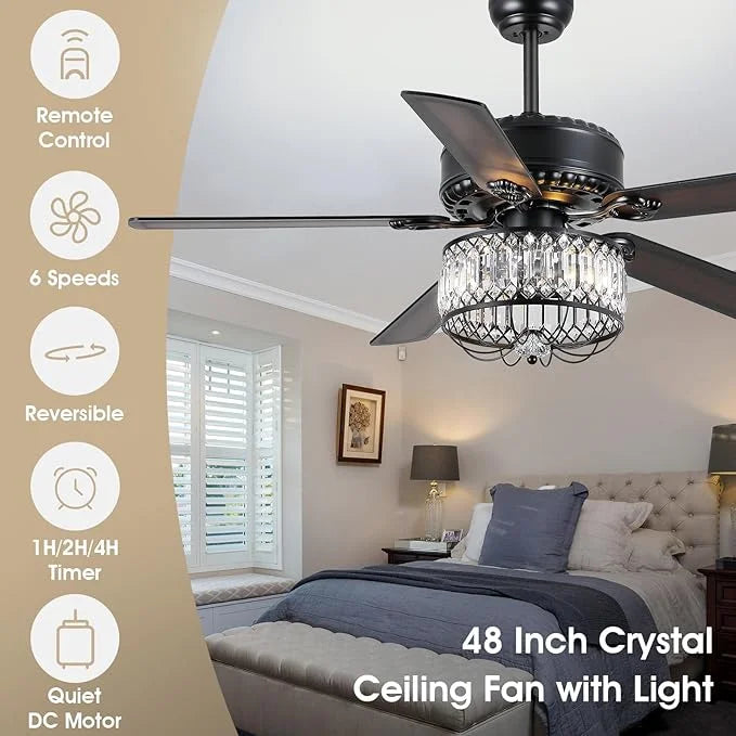 Kviflon 52" Farmhouse Ceiling Fan with Lights & Remote, Crystal Chandelier, Wood Blades, Quiet Motor, 6-Speed, Timer, Modern Lighting for Living Room, Bedroom, Dining Room, Chrome Finish
