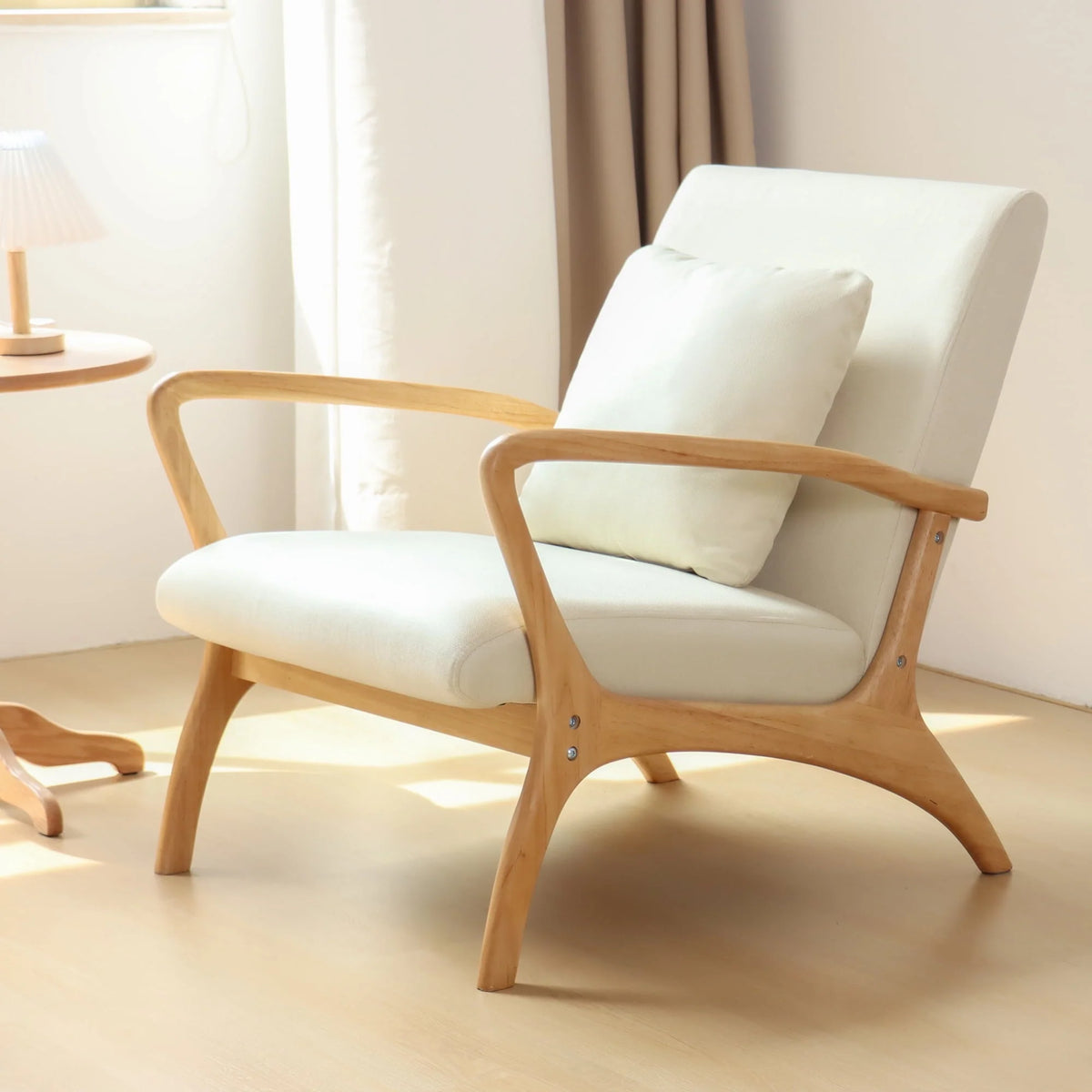 July's Song Mid-Century Modern Accent Chair,Living Room Linen Read Arm Chairs with Cushion,Wood Frame Armchair for Bedroom,Beige