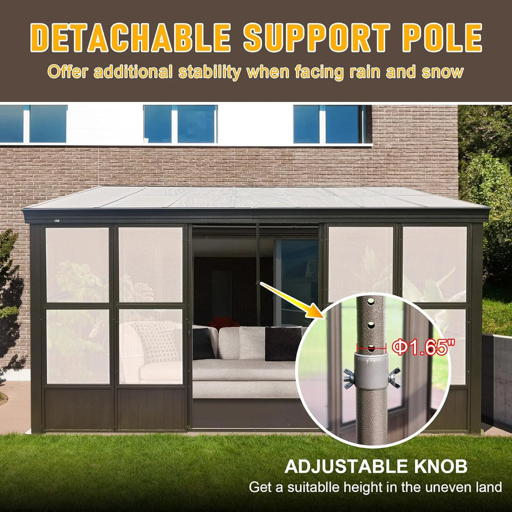 TOTAL Outdoor 10'x12' All-Season Sunroom Gazebo with Steel Roof, PVC Screen, Front & Side Door, Brown