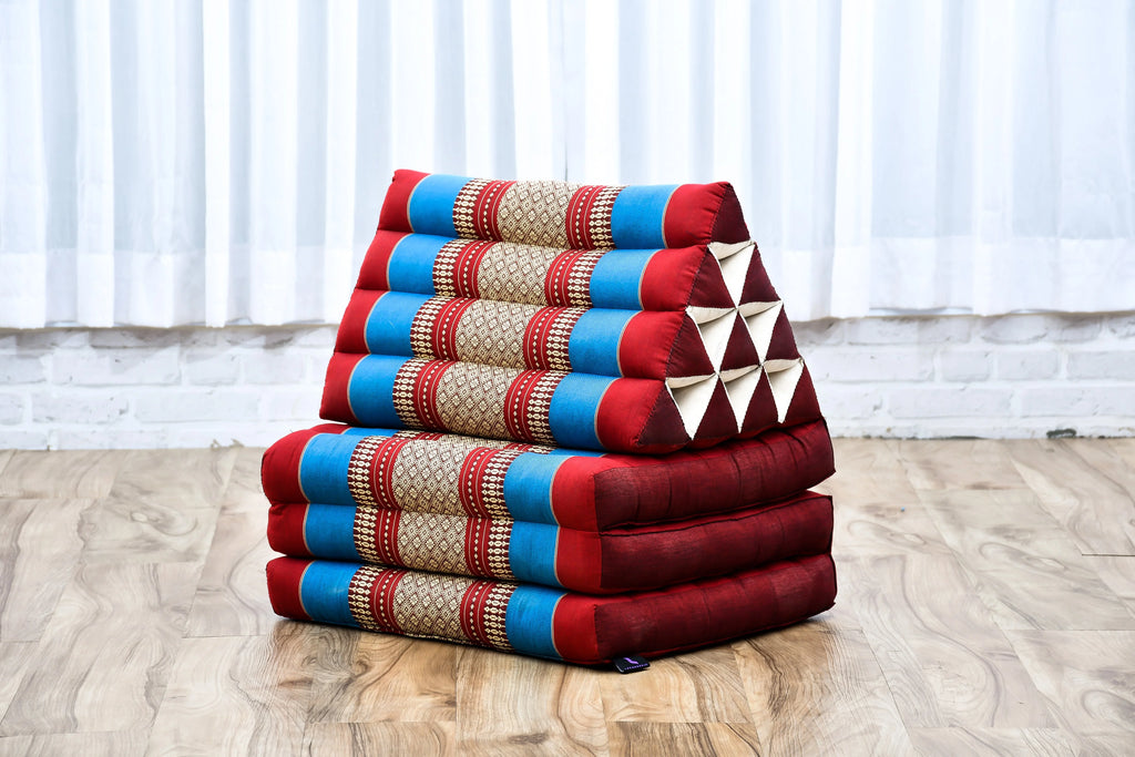 Leewadee - Comfortable Japanese Floor Mattress - Thai Floor Bed With Triangle Cushion - Futon Mattress - Thai Massage Mat,  Blue Red, Kapok Filling
