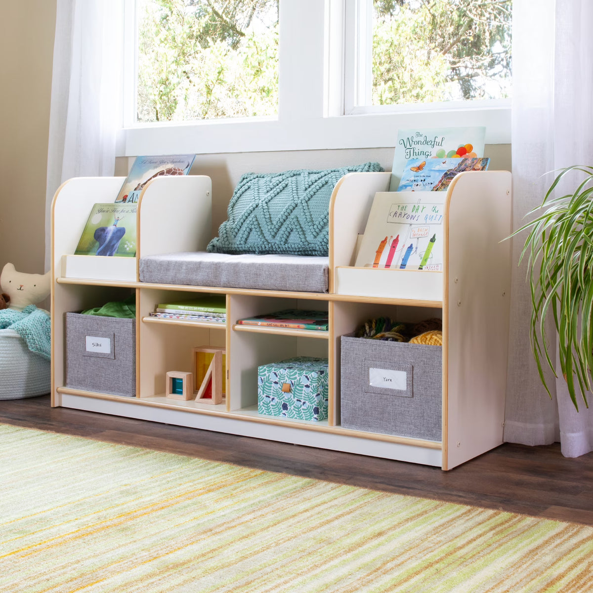 Guidecraft EdQ Reading Nook - Natural: Children's Wooden Bedroom Reading Bench, Kids' Bookshelf, Toy Cubby Organizer and Cube Storage