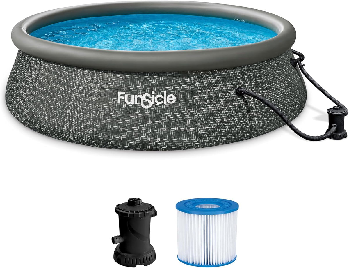 Funsicle 12 Foot by 36 Inch Quickset Round Inflatable Ring Top Outdoor Above Ground Swimming Pool Set with Pump and Cartridge Filter, Dark Herringbone