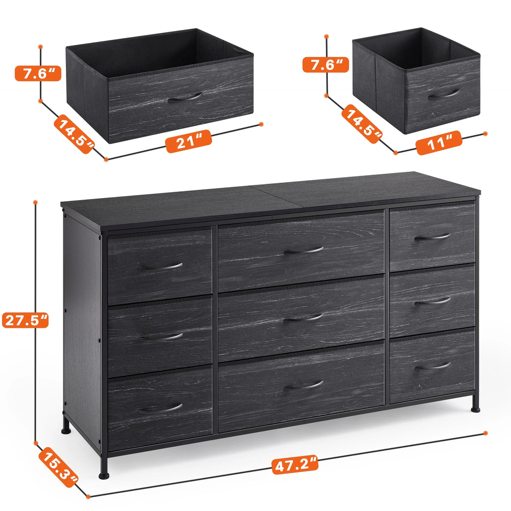 Wide Dresser TV Stand with 9 Drawers Dresser for Bedroom Chests of Drawers for Living Room, Black