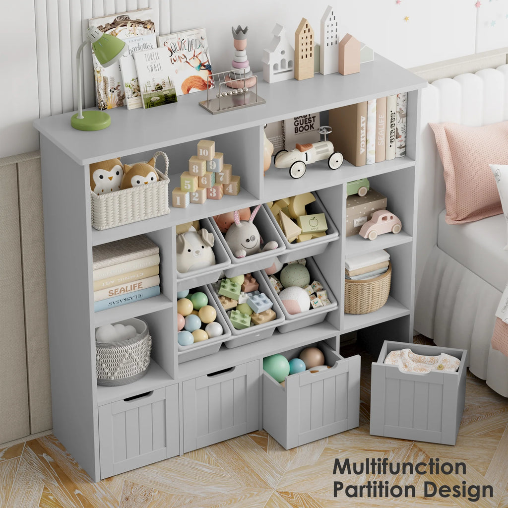 Hiphuta Large 4 Tier Kids Bookcase, Wood Toy Organizer of 6 Boxes & 4 Removable Drawers, Bookshelf for Kids Room, White