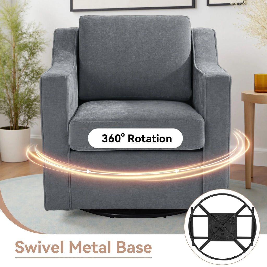 Swivel Accent Chair for Living Room, Modern Upholstered Barrel Arm Chair with Plump Back Pillow, Comfy Club Sofa Reading Chair for Adults (Chenille Navy, Set of 1)