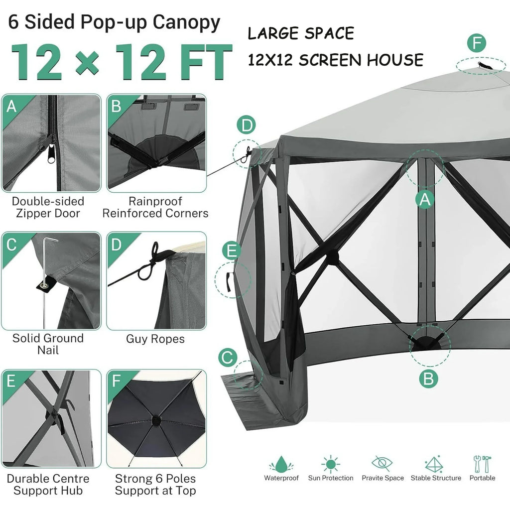 COBIZI 12x12 Pop Up Canopy Gazebo, Outdoor Canopy Tent Screen House with 5 sidewalls and Netting for Camping, Waterproof, UV Resistant, Ez Set-up Party Tent with Carrying Bag and Ground Stakes,Brown