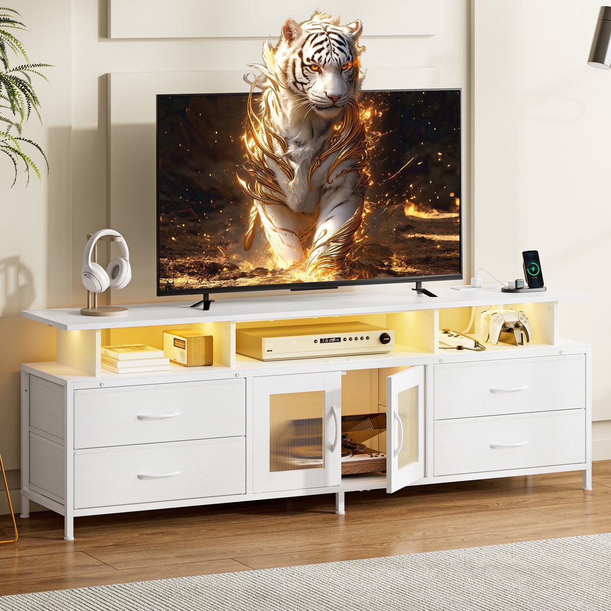 GUNAITO TV Stand for TV up to 70", Big TV Stand for Living Room Entertainment Center with LED Lights and 4 Fabric Drawers , Black