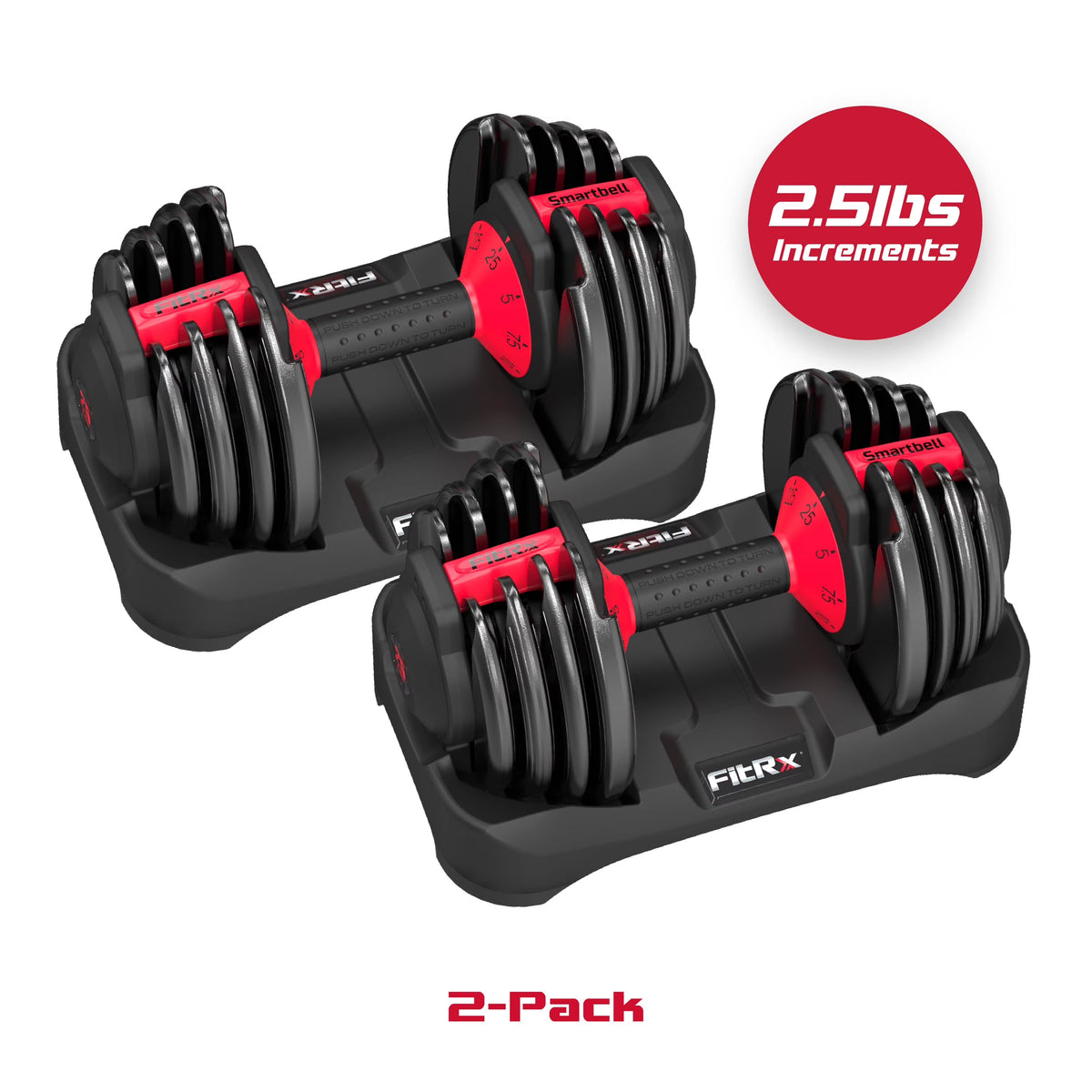 FitRx Adjustable Dumbbells 2-Pack, 25lb SmartBell Dumbbell Set with 9-in-1 Quick-Select Weights, 2.5lb Increments for Home Gym
