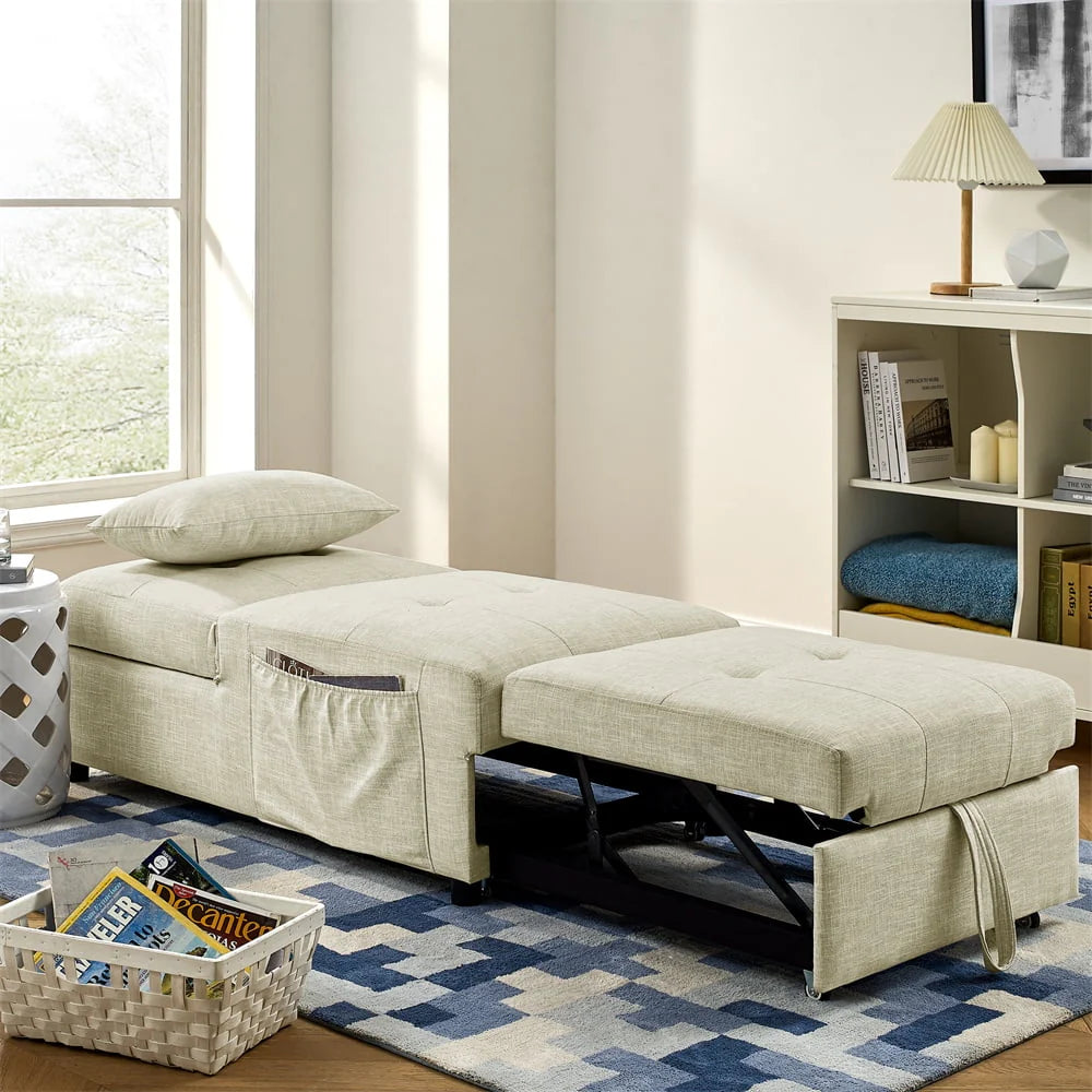 Ottoman Sofa Bed, 4 in 1 Multi-Function Folding Sleeper Couch Bed with Large Pockets and Pillow, Modern Convertible Chaise Lounge Chair with Adjustable Backrest for Living Room Small Apartment, Beige