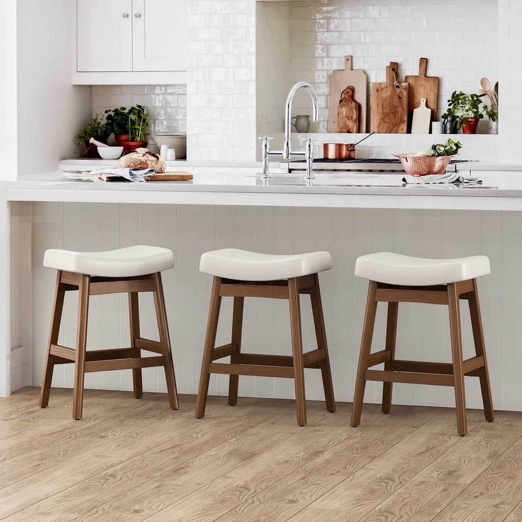 Dycanpo Saddle Seat Counter Height Bar Stools Set of 3 for Kitchen, Dining, 24in, Beige-Fabric