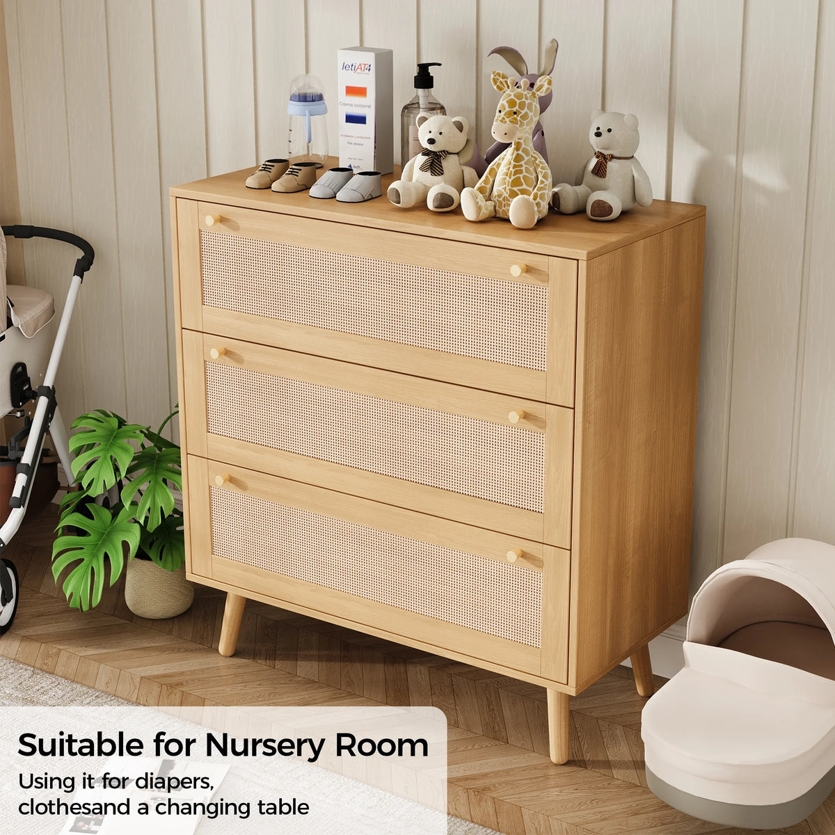 Farmhouse Rattan Dresser with 3 Drawers - Wooden Storage Chest for Bedroom, Living Room & Hallway, Vintage Style Organizer