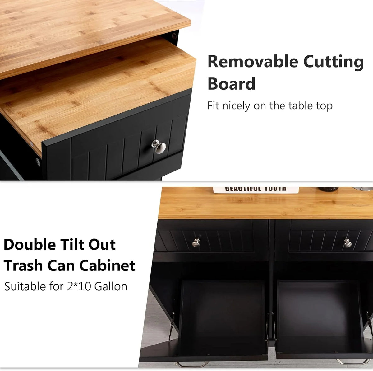 Hlivelood Double Trash Cabinet Tilt Out 20 Gallon, Pet Proof Kitchen Trash Cabinet Laundry Hamper with Cutting Board, Wood Garbage Recycling Station Hideaway Trash Holder Drawers