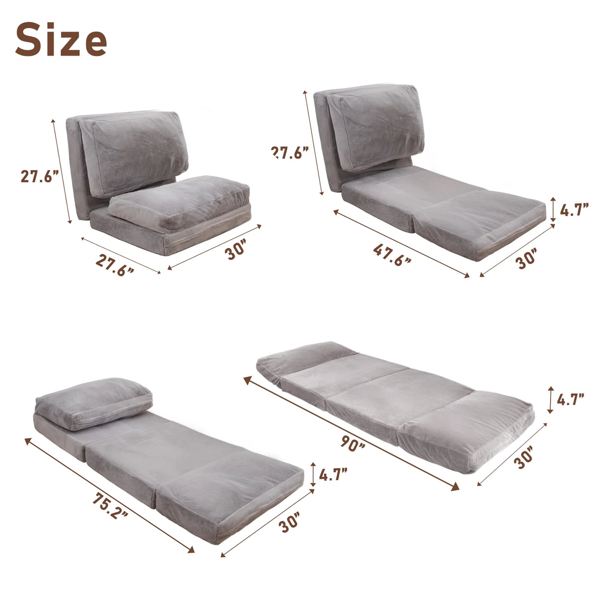 Folding Sofa Bed,Extra Thick and Long Fluffy 4 Position Convertible Flip Lounge Chair,Foam Filling Folding Matress Sofa Bean Bag with Washable Cover,Grey,39x95 Inch