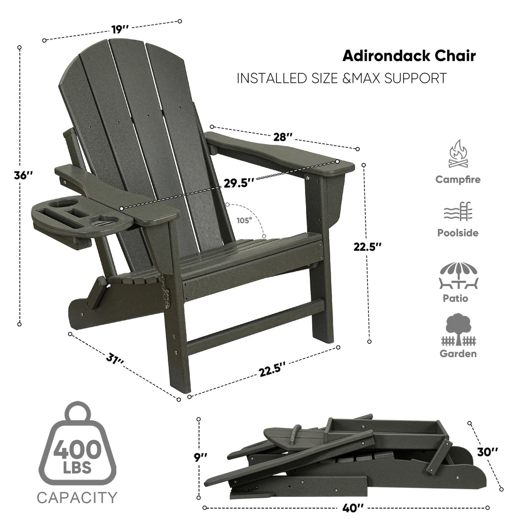 FOOWIN HDPE Plastic Adirondack Chairs Set of 4, Black