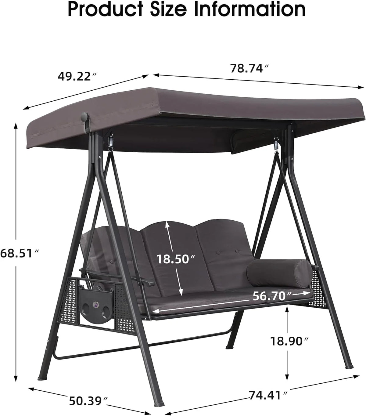 PURPLE LEAF 3-Seat Deluxe Outdoor Patio Porch Swing with Weather Resistant Steel Frame, Adjustable Tilt Canopy, Cushions and Pillow Included, Terra