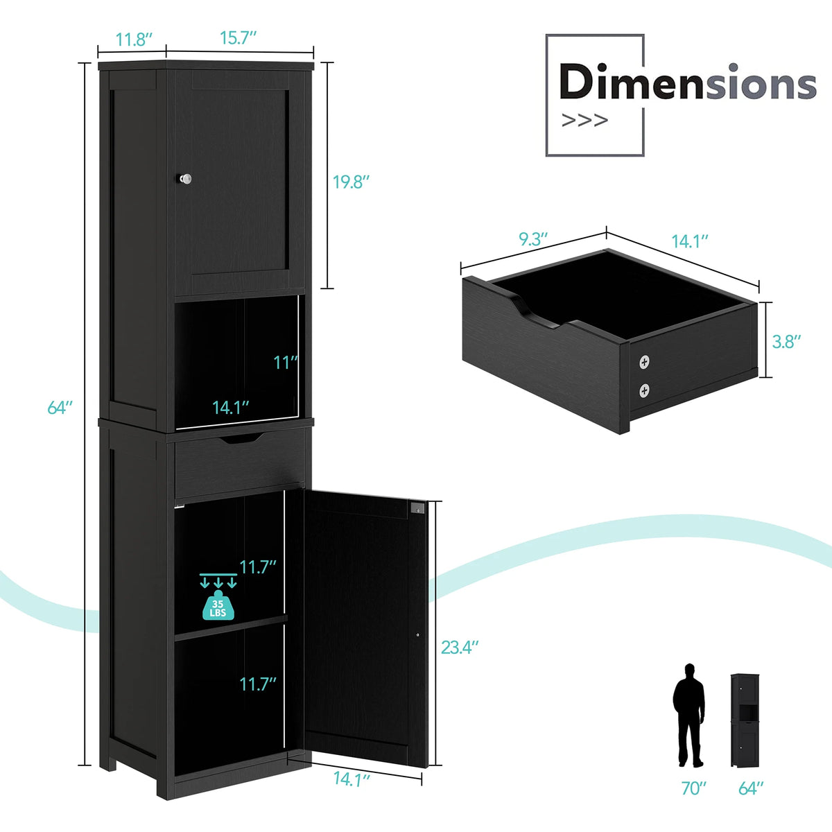 Walsunny Bathroom Storage Cabinet 64" Tall Wooden Kitchen Cupboard Pantry Cabinet with Doors Shelves Drawer Black