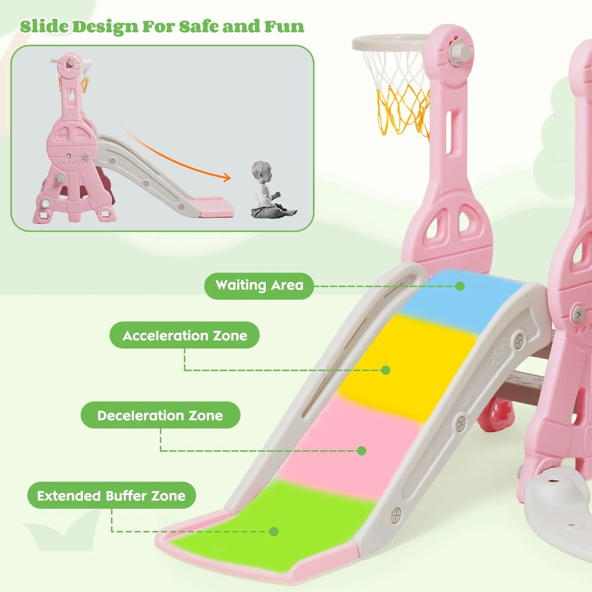 Ealing   4 in 1  Slide and Swing Set for Toddler  Indoor and Outdoor Baby Slide Climber Playset  with Basketball Hoop &  Backyard Playground Swing Slide for Boys and Girl Slide length: 11.02' L Pink