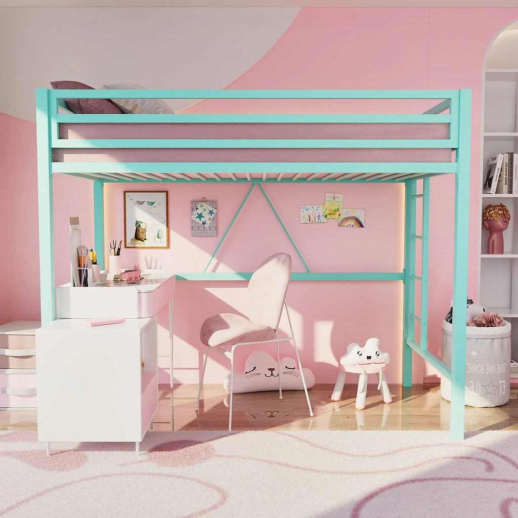 Einfach Metal Twin Size Loft Bed with Removable Ladder & Full-Length Guardrail, White