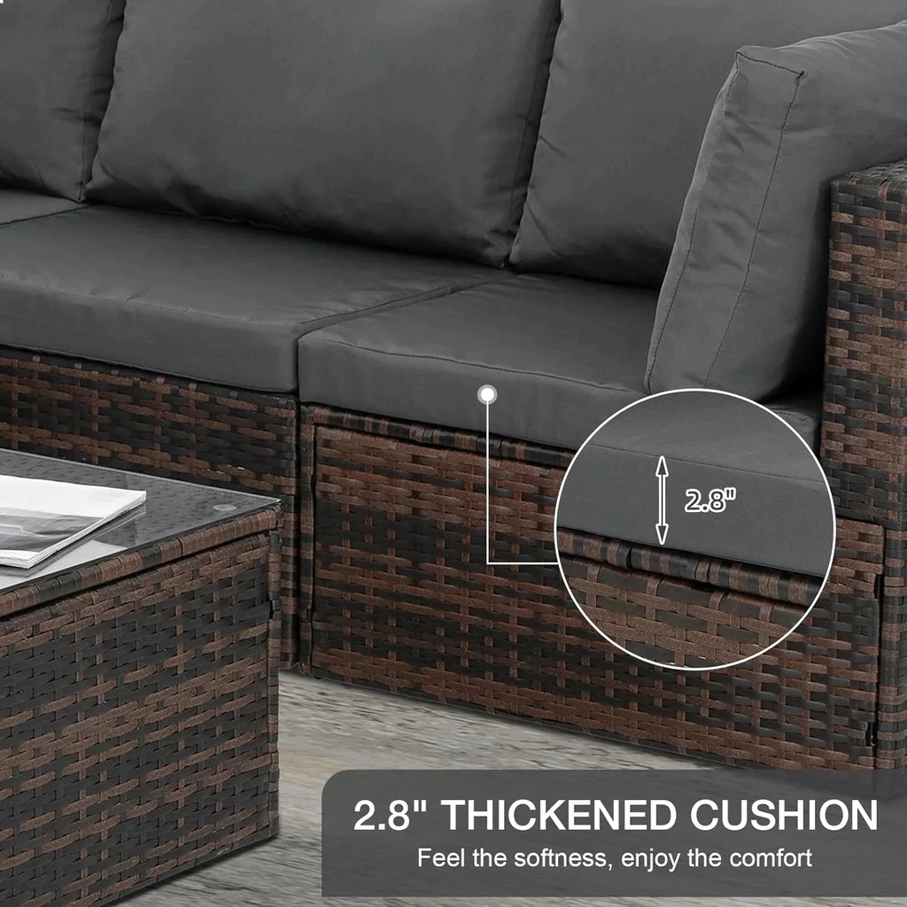 6 Pieces Wicker Patio Furniture Set Outdoor Conversation Set, All Weather PE Rattan Sectional Sofa Couch with Storage Table and Cushions, Beige