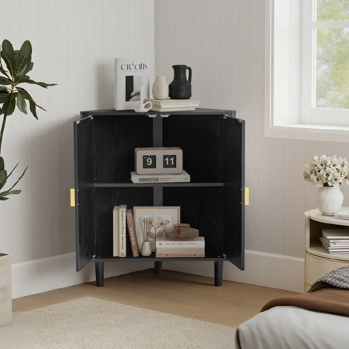 Accent Cabinet with Round Carved Line Door for Entryway Hallway, Walnut Sideboard Buffet Cabinet, Storage Cabinet with Adjustable Shelves for Living Room