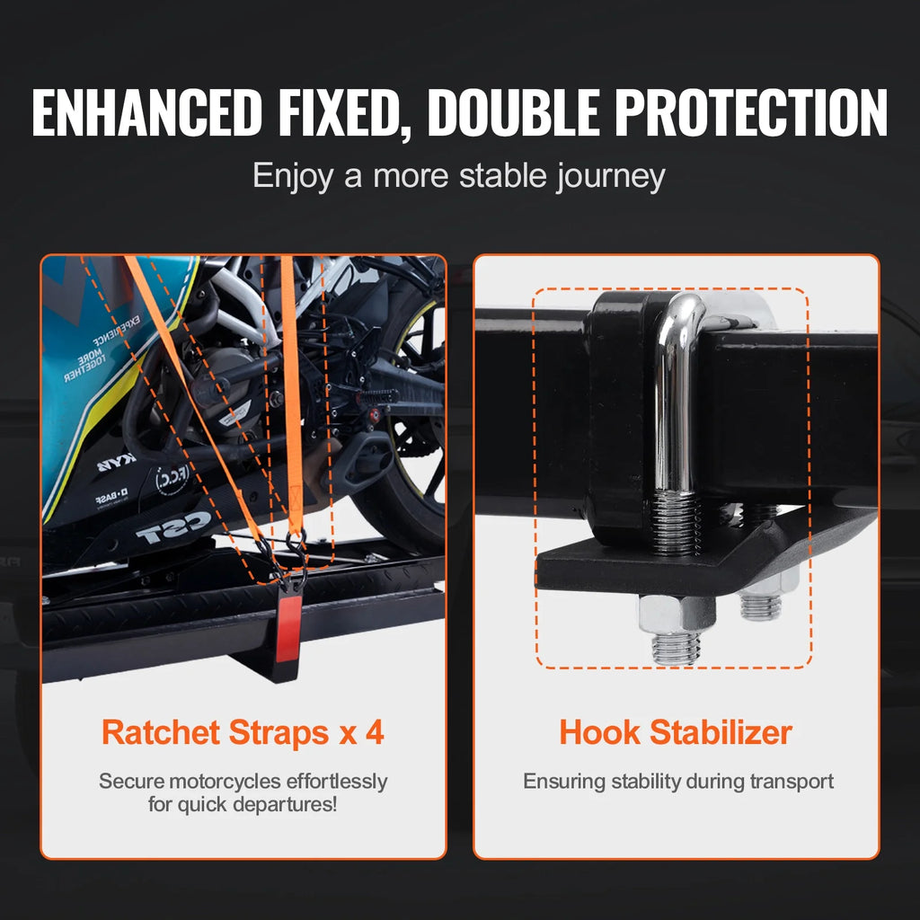 KFFKFF Steel Motorcycle Hitch Carrier, 600 LBS Capacity, Includes Ramp, Ratchet Straps & Stabilizer, Fits 2" Hitch Receivers on Cars & Trucks