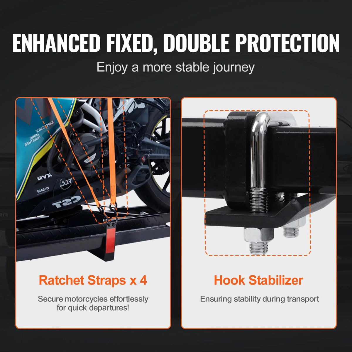 KFFKFF Steel Motorcycle Hitch Carrier, 600 LBS Capacity, Includes Ramp, Ratchet Straps & Stabilizer, Fits 2" Hitch Receivers on Cars & Trucks