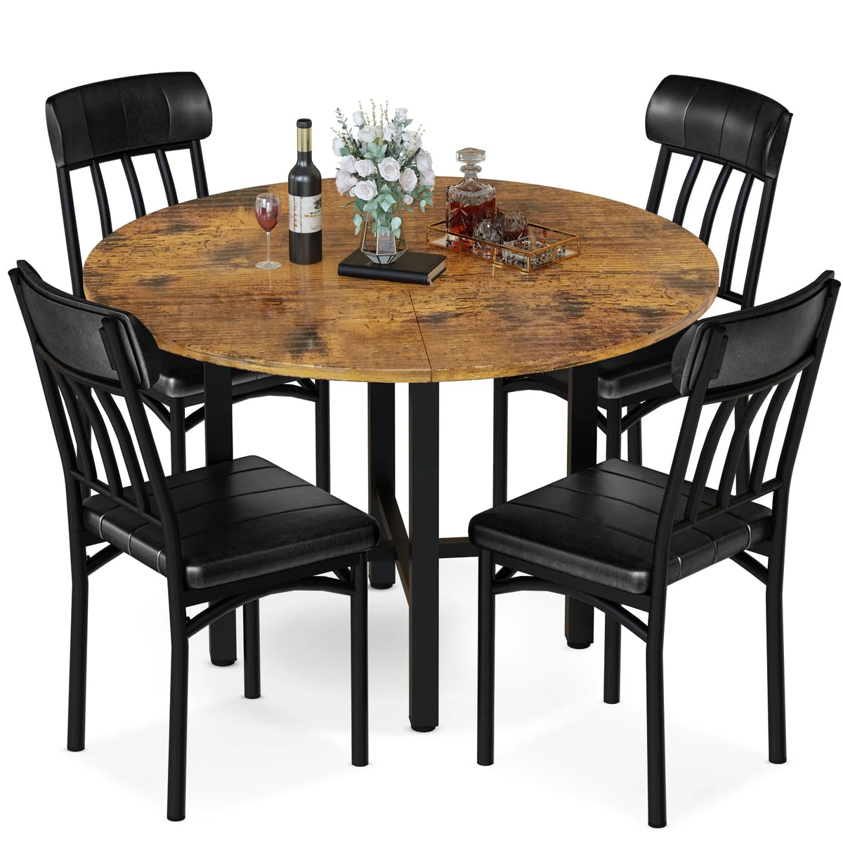 Furlinkhm Round Dining Table Set for 4, Wood Round Kitchen Table and Chairs Set for 4, Modern Dining Room Table Set with 4 Faux Leather Chairs, Round Dinner Table for Small Space, Walnut