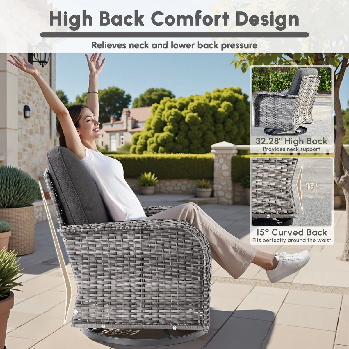 Ovios 5 Pieces Outdoor Patio Furniture Set High Back All Weather Wicker Conversation Set with Swivel Chairs & Coffee Table, Dark Gray