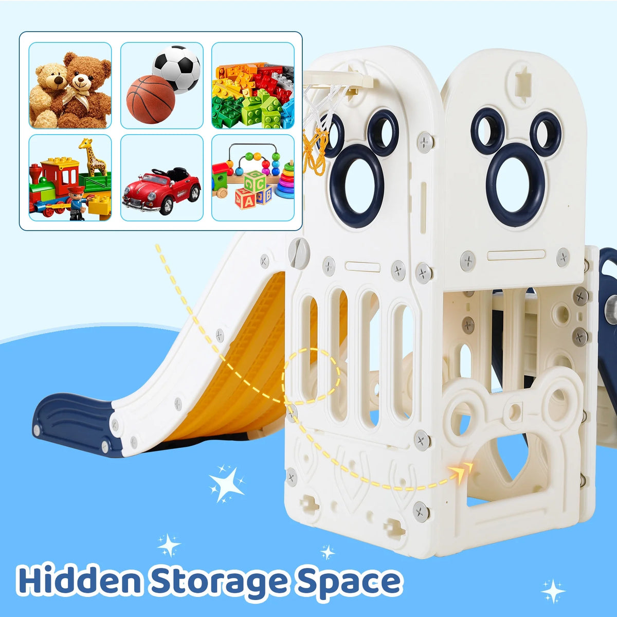 Arlopu Sturdy Toddler Slide with Basketball Hoop Plastic Kids Slide Climber with Anti-Slip Steps Indoor Outdoor Children Toy Playground