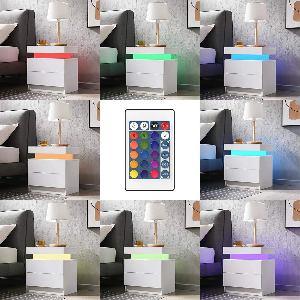 Hommpa 2 Drawer Modern Nightstand with RGB LED Light High Gloss Bedside Tables for Bedroom White