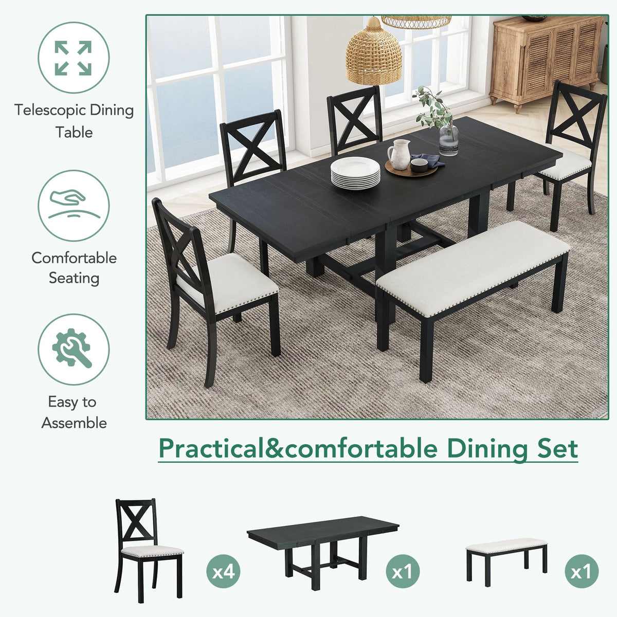 MODERNLUXE 82"Farmhouse 6PCS Dining Table Sets for 6,Solid Wood Dining Table Set with Extendable Table with Footrest and Two 11"Removable Leaf,4 Upholstered Chairs and Longer Upholstered Bench