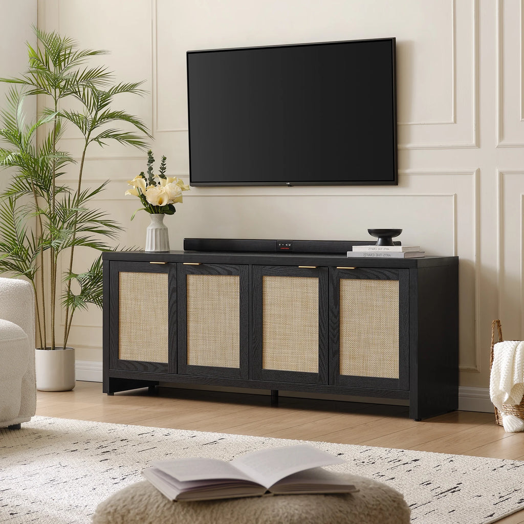 SICOTAS 61.5"W Rattan TV Stand with 4 Doors, Boho Entertainment Center with Adjustable Shelves & Spacious Countertop Large Boho Farmhouse Media Console for Living Room, Reclaimed Caramel Oak
