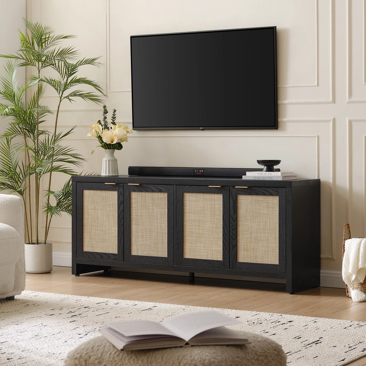 SICOTAS 61.5"W Rattan TV Stand with 4 Doors, Boho Entertainment Center with Adjustable Shelves & Spacious Countertop Large Boho Farmhouse Media Console for Living Room, Reclaimed Caramel Oak